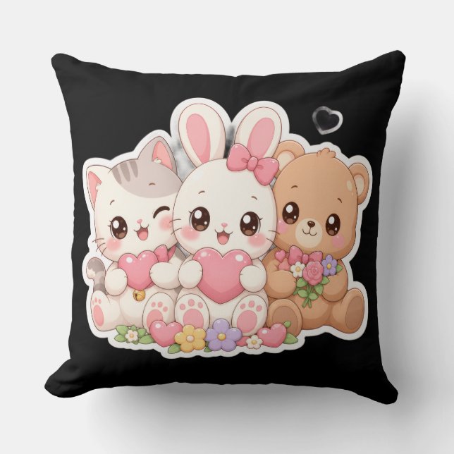 Coussin Mignons amis animaux Kawaii Cœurs Fleurs Pastel T (Recto)