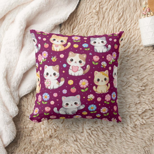 Coussin Mignons chatons Kawaii et fleurs pastel (Couverture)