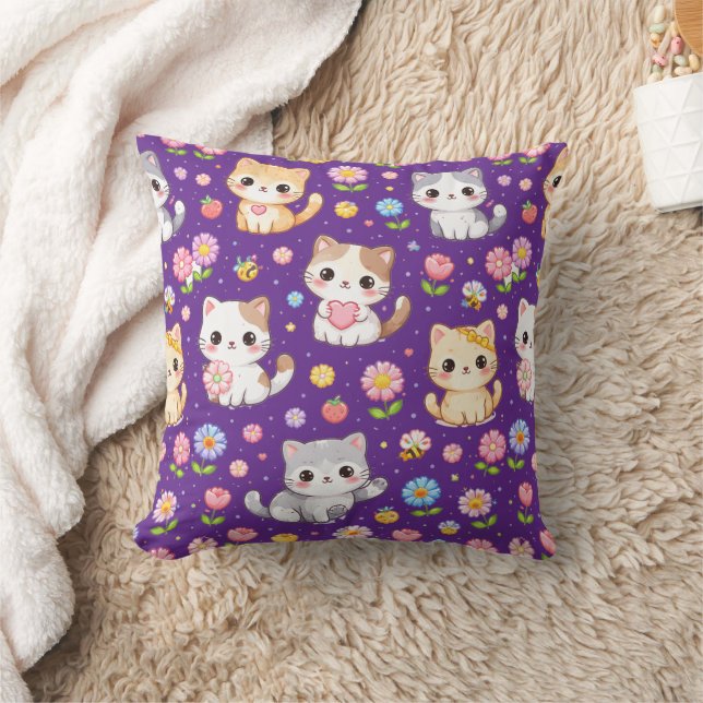 Coussin Mignons chatons Kawaii et fleurs pastel (Couverture)