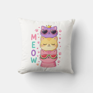 Coussin Mignons chats kawaii empilés lunettes Meow