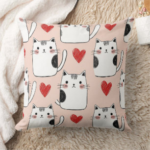 Coussin Mignons chats kawaii roses et motif de cœurs (5)