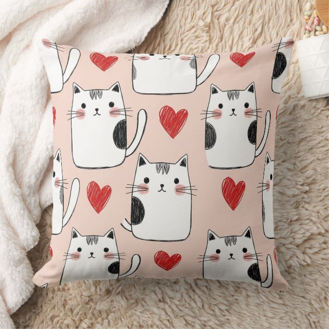 Coussin Mignons chats kawaii roses et motif de cœurs (5) (Couverture)