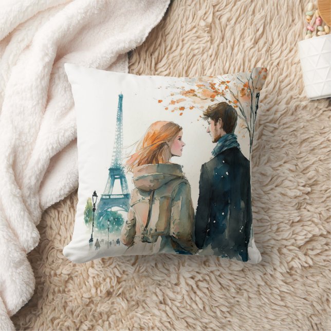 Coussin Mignons couples romantiques à l'aquarelle à Paris  (Couverture)