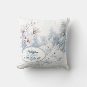 Coussin Mignons lapins blancs en vacances d'hiver neige