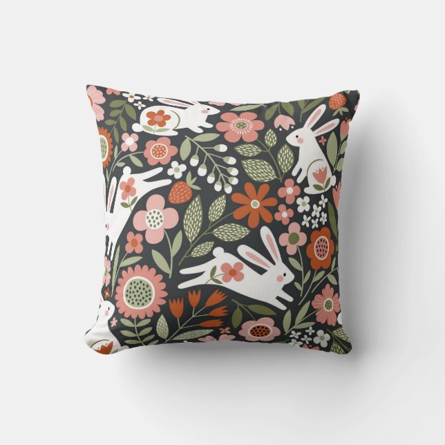 Coussin Mignons lapins blancs, motif vintage fleuri. (Recto)