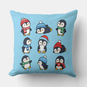 Coussin Mignons pingouins de Noël Kawaii Flocons de neige