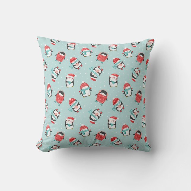 Coussin Mignons pingouins de Noël sur bleu clair (Recto)