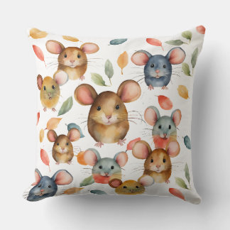 Coussin Mignons Souris à l'aquarelle et Motif de Feuilles 