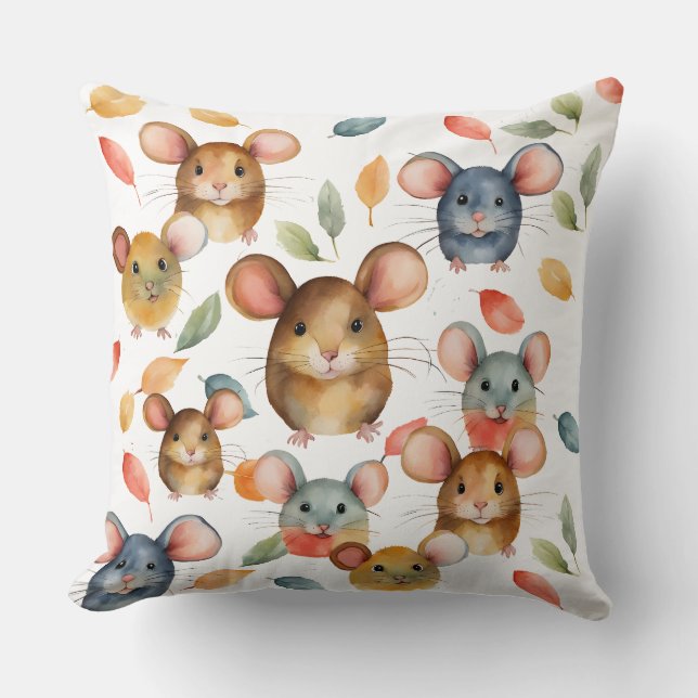 Coussin Mignons Souris à l'aquarelle et Motif de Feuilles  (Recto)