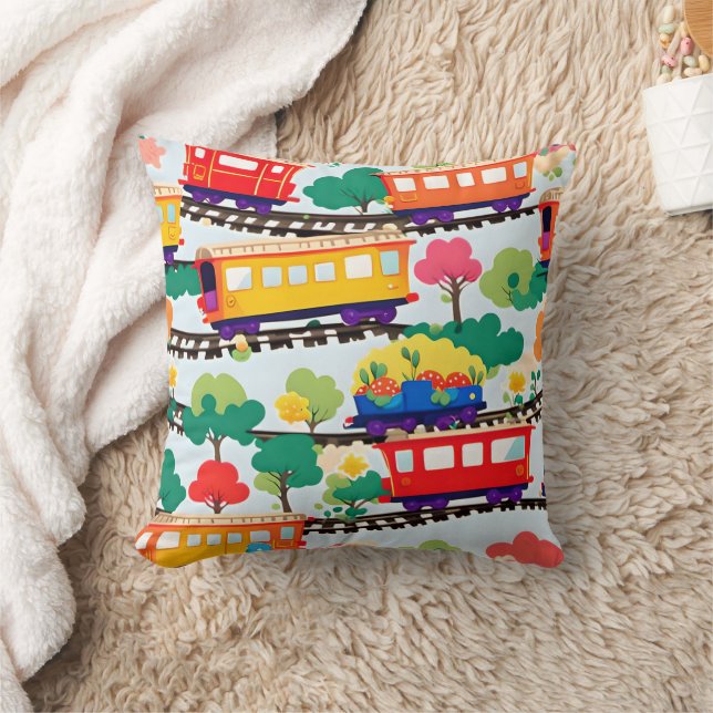 Coussin Mignons trains et motif d'arbres bleu (Couverture)