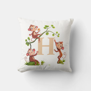Coussin Mignons trois singes et monogramme doré sur fond b