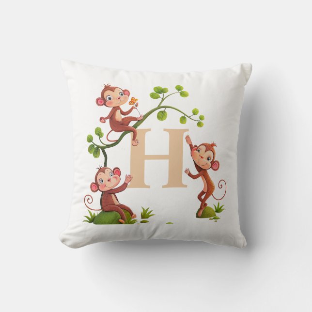 Coussin Mignons trois singes et monogramme doré sur fond b (Recto)