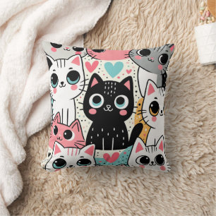 Coussin Mignons visages de chat Kawaii et cœurs fantaisist