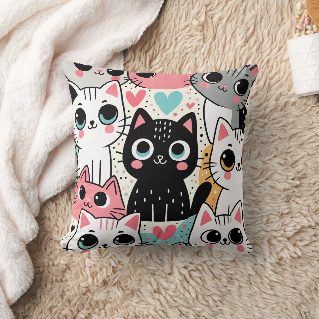 Coussin Mignons visages de chat Kawaii et cœurs fantaisist (Couverture)