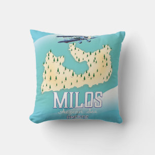 Coussin Milos, île grecque Carte art affiche de voyage.