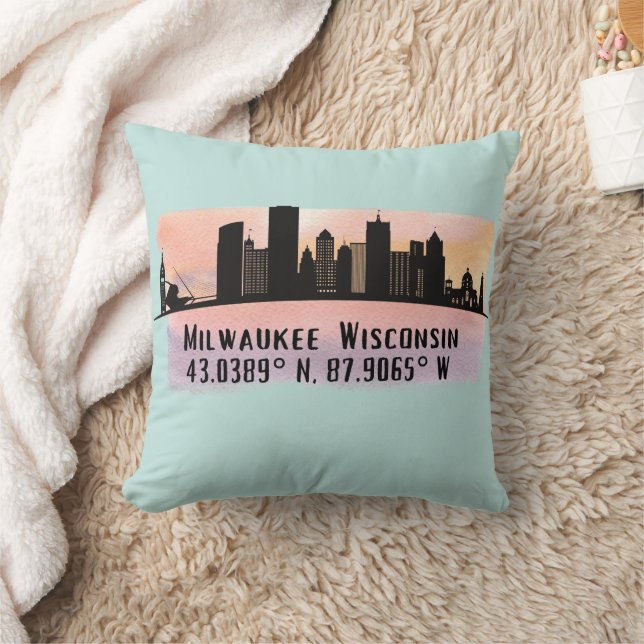 Coussin Milwaukee City Skyline Latitude et Longitude (Couverture)