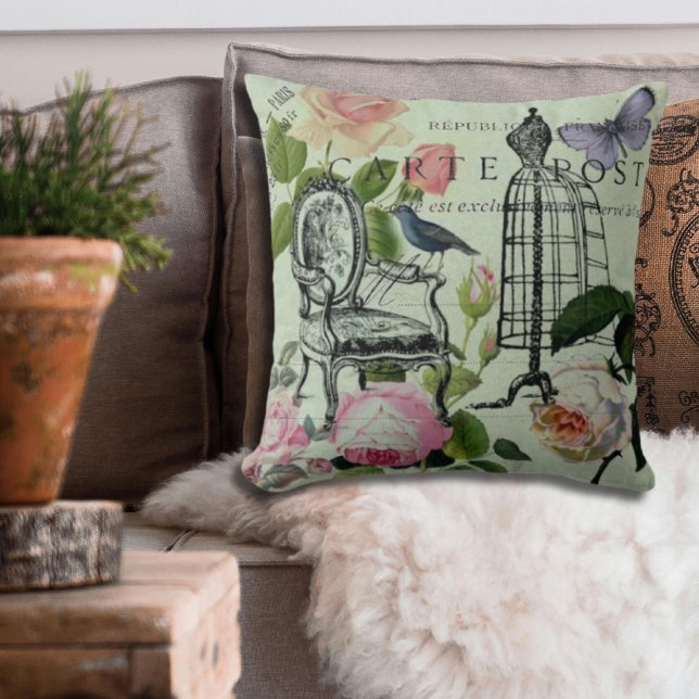 Coussin minder vintage french rose butterfly paris (mint modern vintage french rose butterfly paris throw pillow)