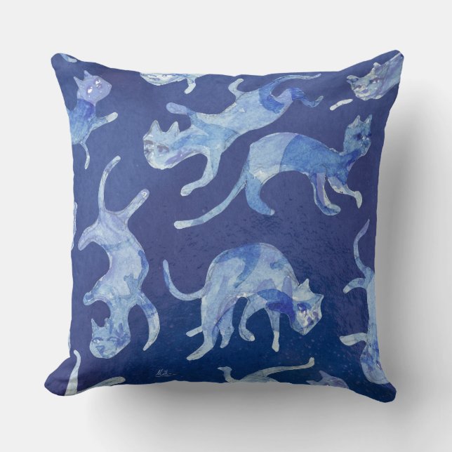 Coussin Ming Floating Cats 20" - Bleu & envers  (Recto)