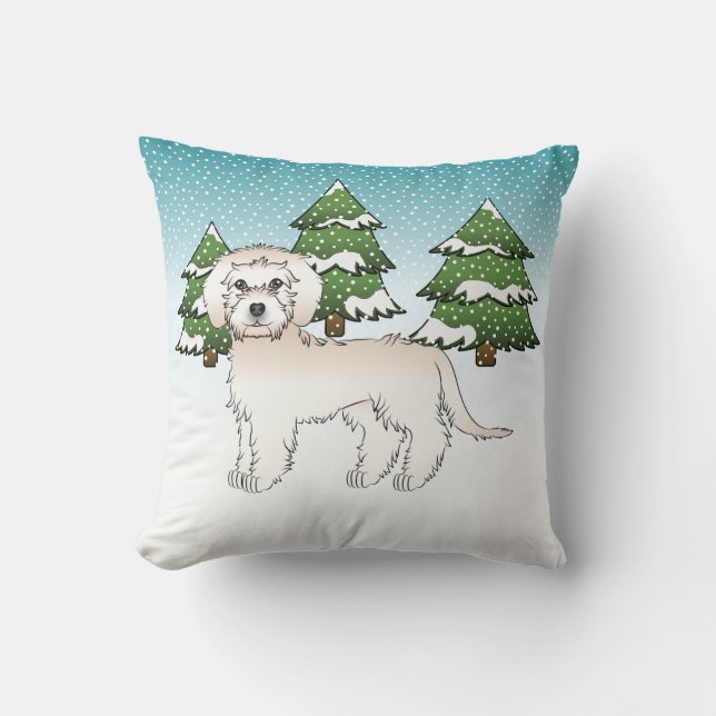 Coussin Mini Goldendoodle crème dans une forêt hivernale (Recto)