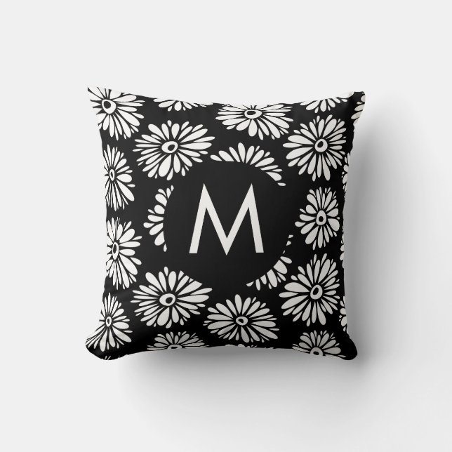 Coussin Minimalist Groovy Black and White Daisy Monogram (Recto)