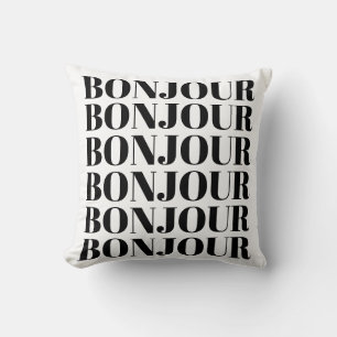 Coussin Minimaliste Bonjour Française Typographie Noir Bla