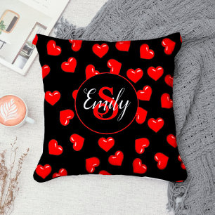 Coussin Minimaliste Cœur Rouge & Rose Monogramme Fleur B