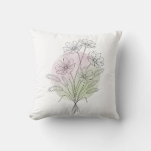 Coussin Minimaliste ligne d'art pastel rose Cosmos floral
