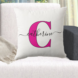 Coussin Minimaliste Monogramme de nom en rose blanc Script