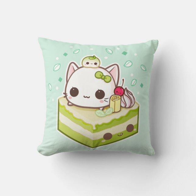 Coussin Minou mignon de mochi avec le gâteau de thé vert (Recto)