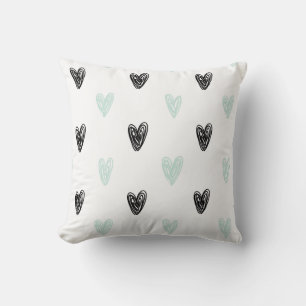Coussin Mint & Black Hearts Doodles Motif Personnalisé