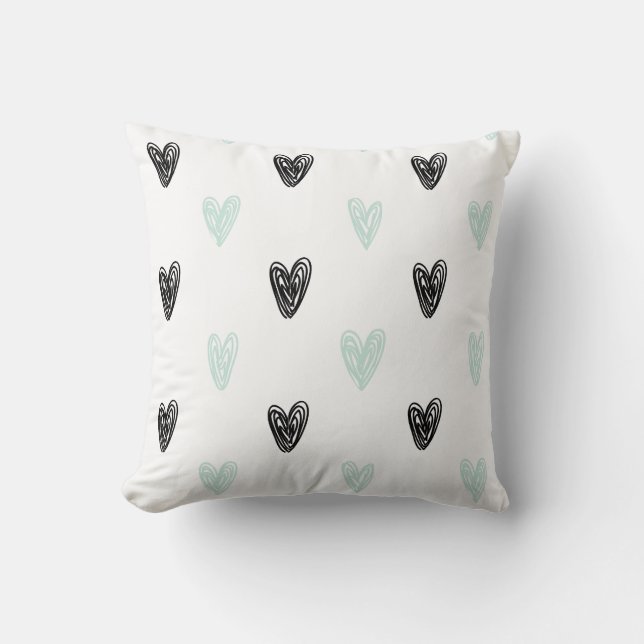 Coussin Mint & Black Hearts Doodles Motif Personnalisé (Recto)