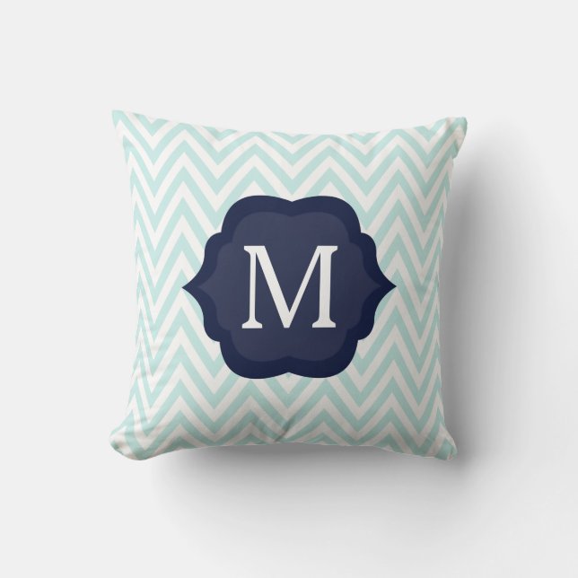 Coussin Mint bleu et blanc Chevron Navy Monogram Design (Recto)