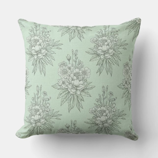 Coussin Mint Green Botanical Toile with Floral Bouquets (Recto)