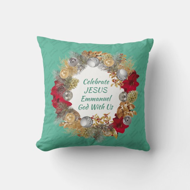 Coussin Mint Green CÉLÉBRER JÉSUS FÊTE Noël Wreath (Recto)