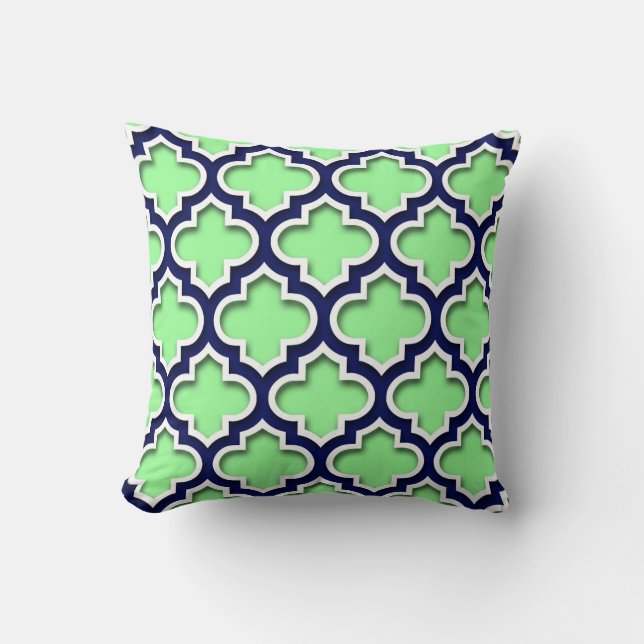 Coussin Mint Green Navy White Quatrefoil Marocain #5DS (Recto)