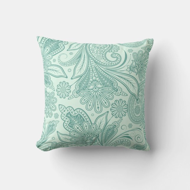 Coussin Mint Green Ornate Ethnique Floral Paisley (Recto)