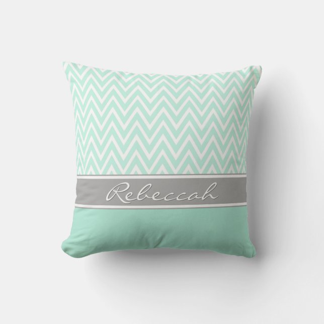 Coussin Mint Green White Chevron Zigzag Motif Grey Nom (Recto)
