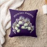 Coussin Miracles Happen Iris Flowers Inspirational<br><div class="desc">Pretty purple and white bearded iris flowers bouquet design by Susan on a dark background with the inspirational words Miracles Happen.</div>