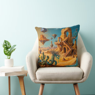 Coussin Mirage du désert Ocbre Orange Bleu sarcelle