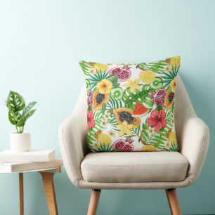 Coussin Mix-fruit tropical, fleurs et feuilles sur blanc