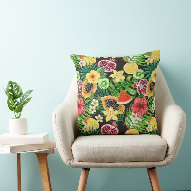 Coussin Mix-fruits tropicaux, fleurs et feuilles en noir (Chaise)