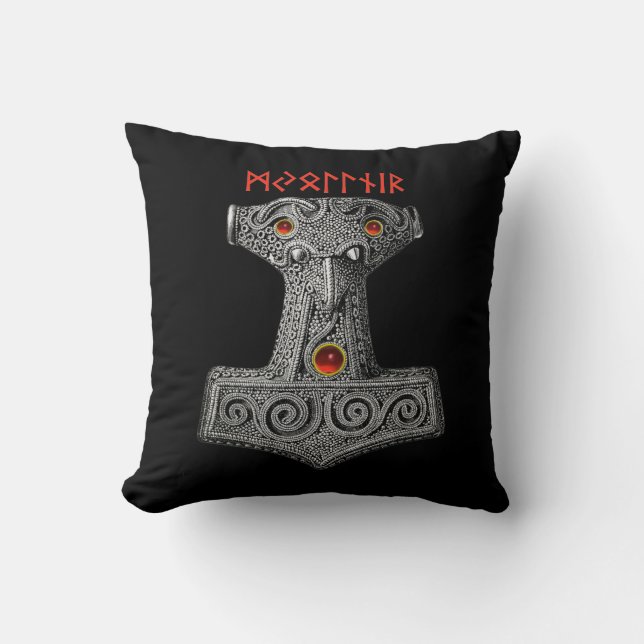 Coussin MJOLNIR Hammer de Thor, Viking Mythologie Noir (Recto)