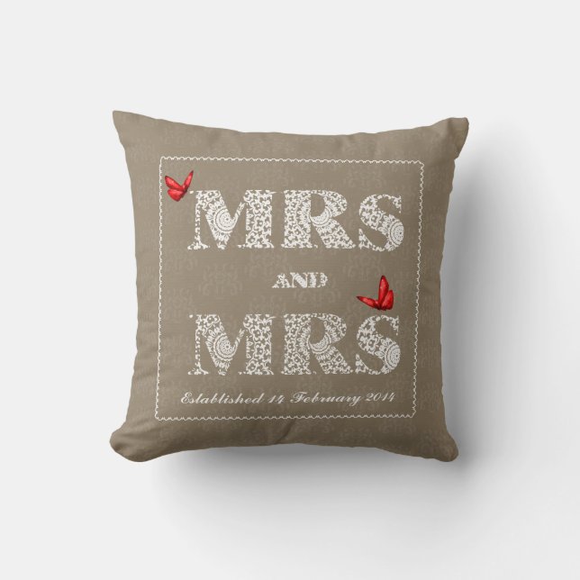 Coussin Mme et Mme White Lace Word Art Papillons rouges (Recto)