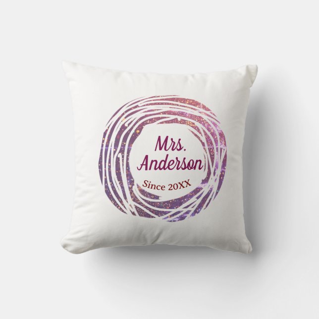 Coussin Mme nom rose bordeaux bordure depuis année mariage (Recto)
