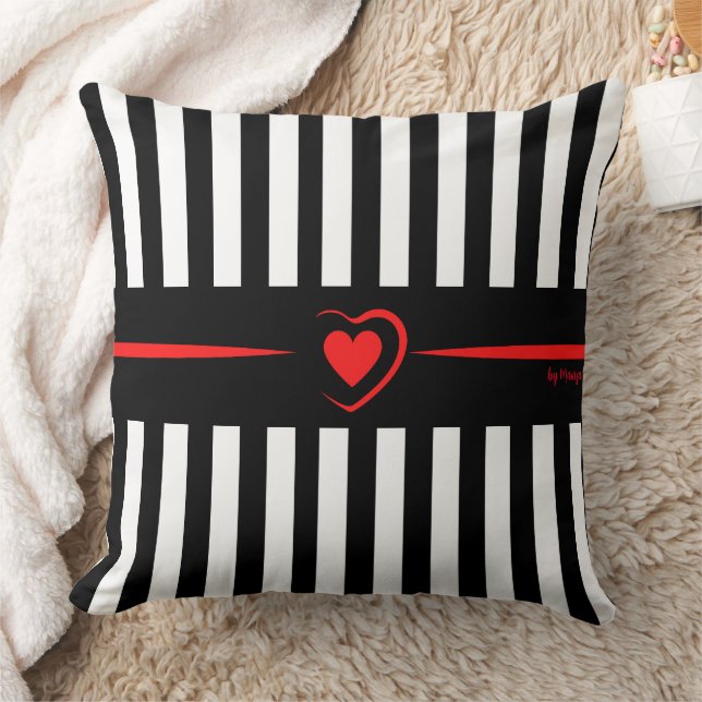 Coussin Mod Black & White Stripes avec Bright Red Heart (Couverture)