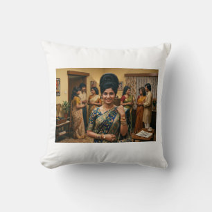 Coussin Mode indienne rétro des années 1970 et coiffure bo