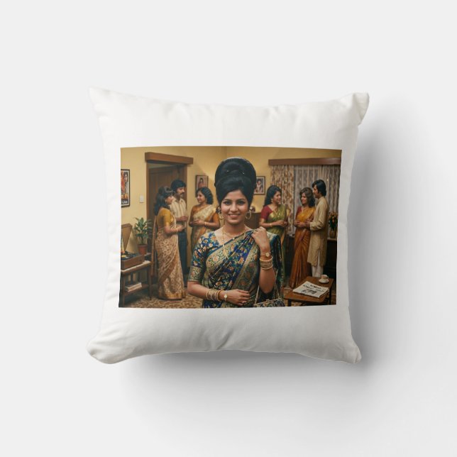 Coussin Mode indienne rétro des années 1970 et coiffure bo (Recto)