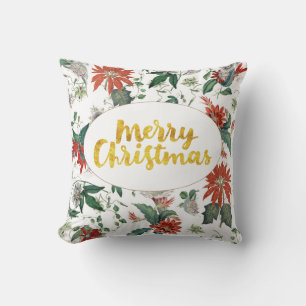 Coussin Modèle botanique de Noël doré rouge floral