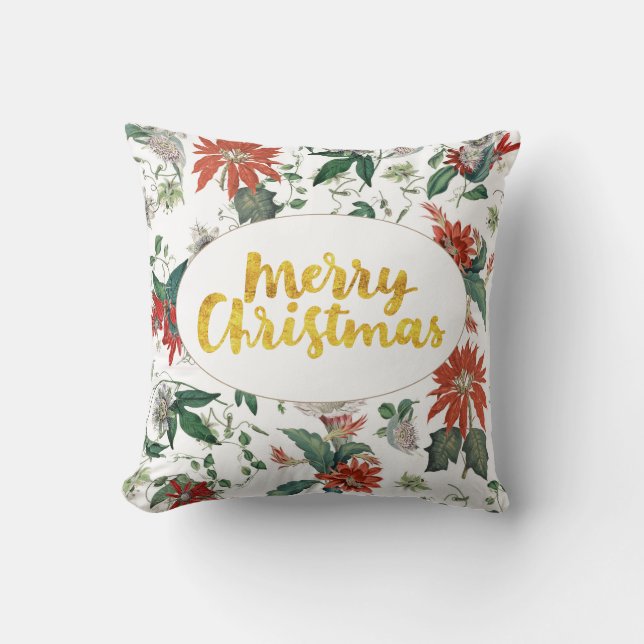 Coussin Modèle botanique de Noël doré rouge floral (Recto)