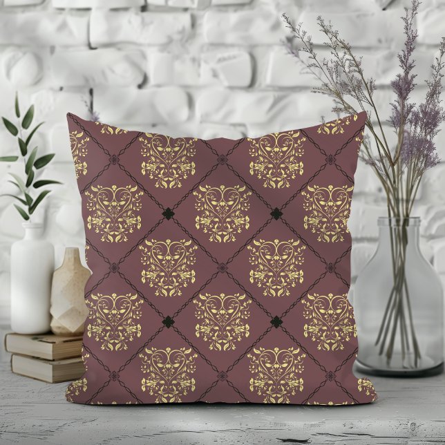 Coussin Modèle de Damas de diamant de couleur mauve foncé (Créateur téléchargé)